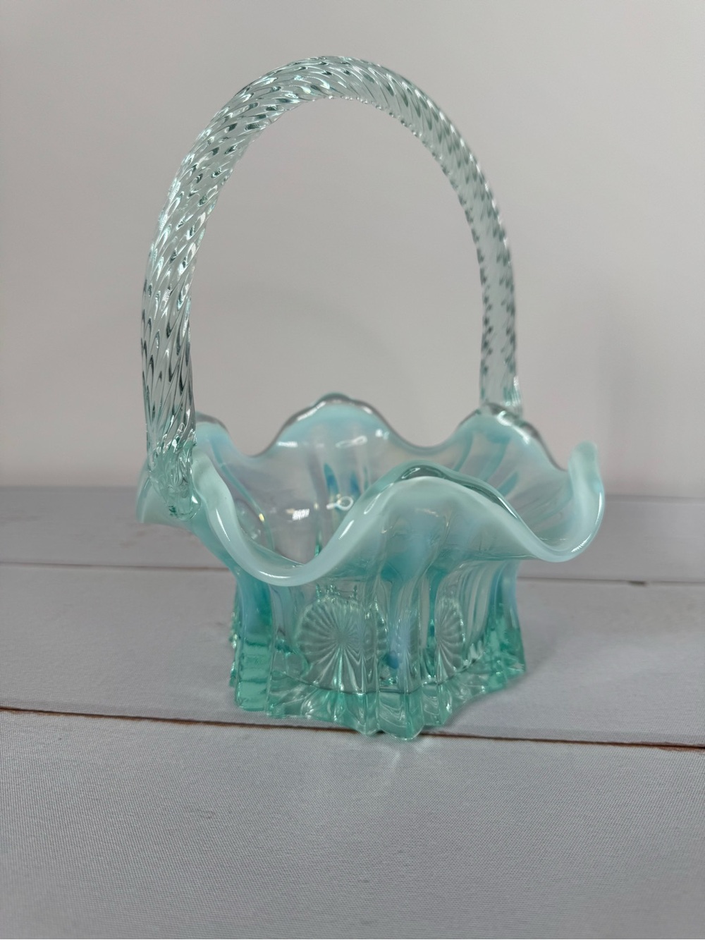 Vintage Fenton Sea Mist Green Opalescent Vulcan Glass Basket Twisted Handle